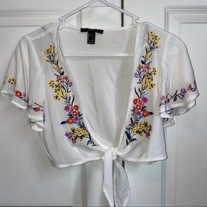 White floral front tie crop top size small
